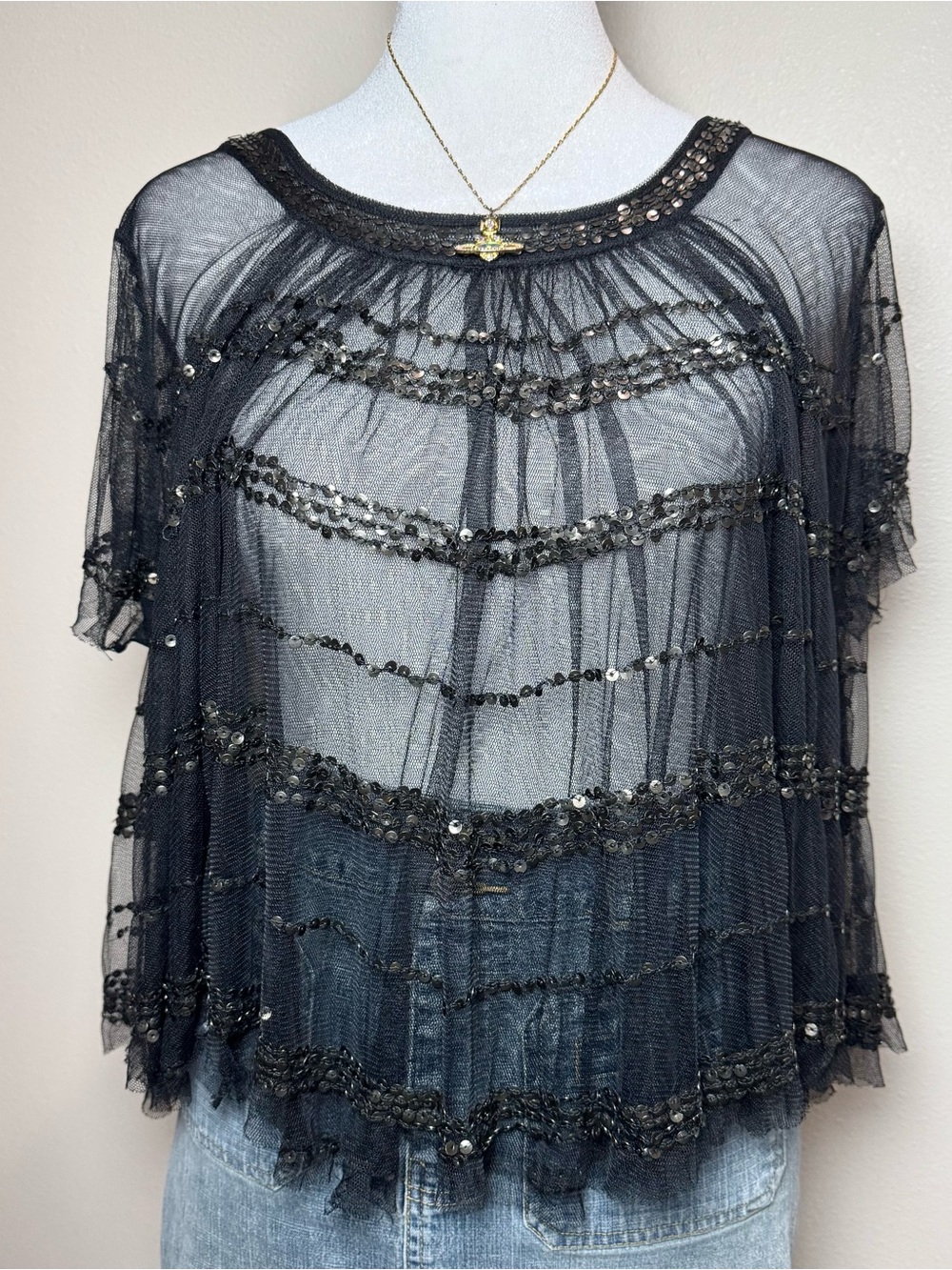 Free People Black Sequin Mesh Women's Boho Western Small Top